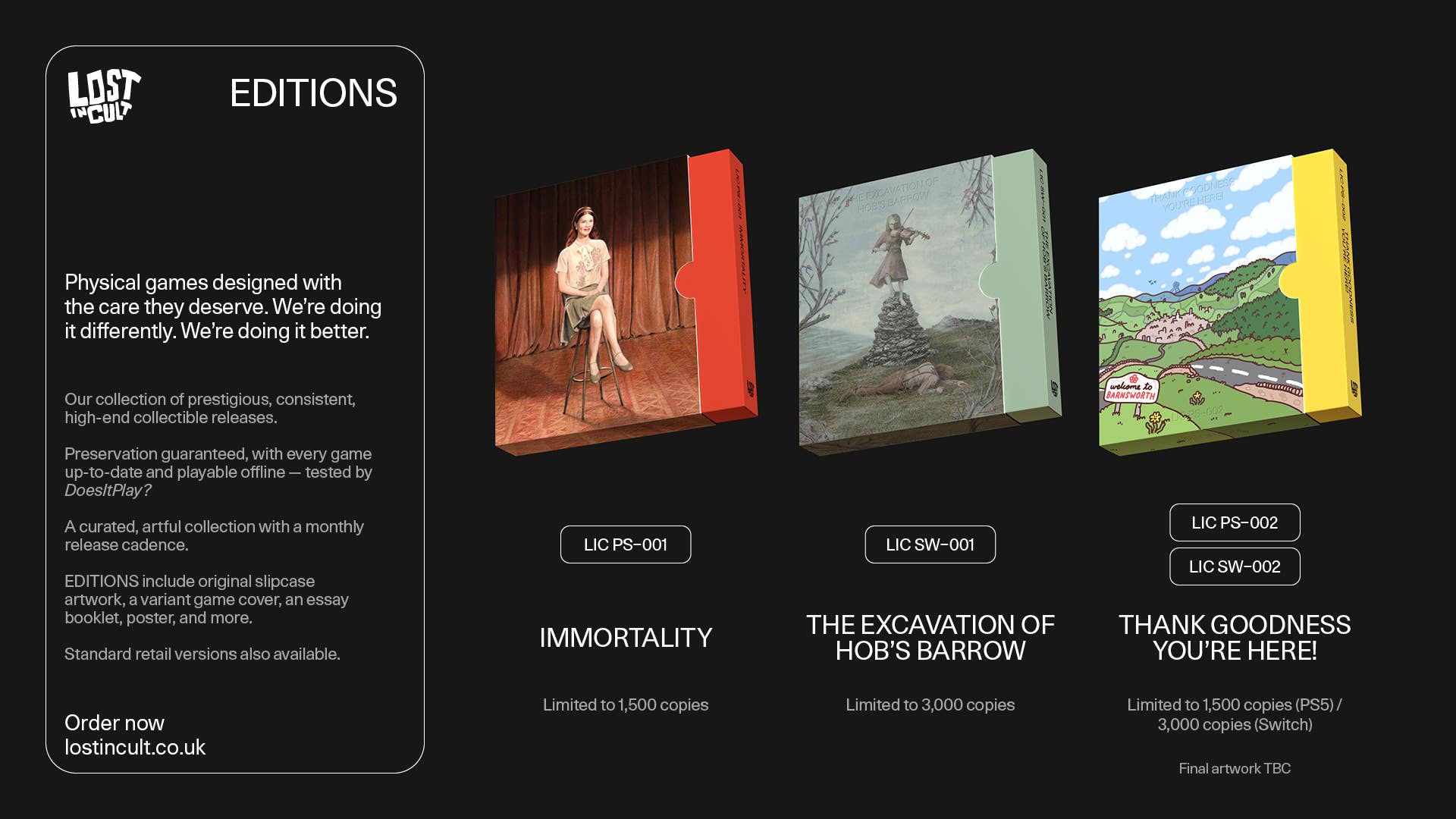 Lost in Cult image for Editions, showing artwork and details of its first three releases: Immortality, Thank Goodness You're Here, and The Excavation of Hob's Barrow