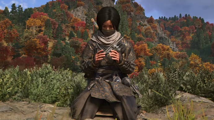 Assassin’s Creed Shadows screenshot showing Naoe kneeling.