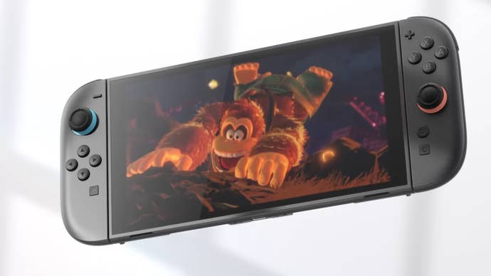 Switch 2 with Donkey Kong Bananza on screen.
