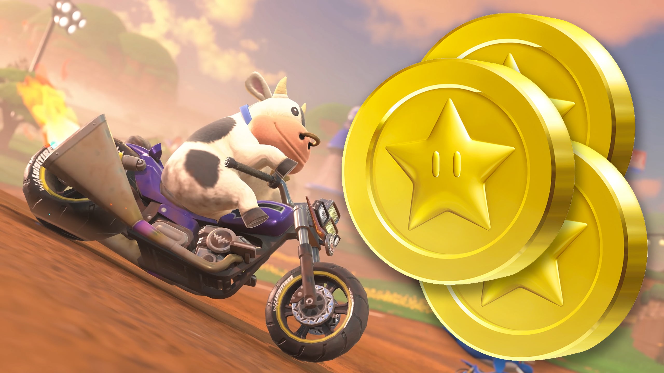 Mario Kart World screenshot showing a cow and some gold coins.