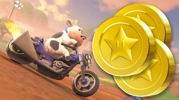 Mario Kart World screenshot showing a cow and some gold coins.