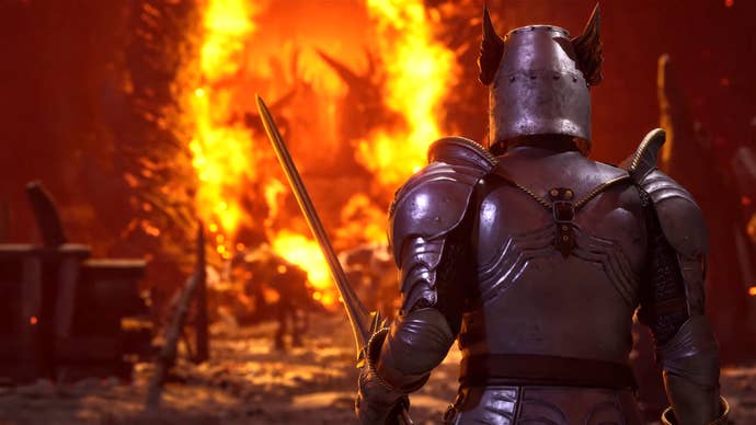 The Elder Scrolls 4: Oblivion Remastered screenshot showing an armoured character nearing a fiery portal.