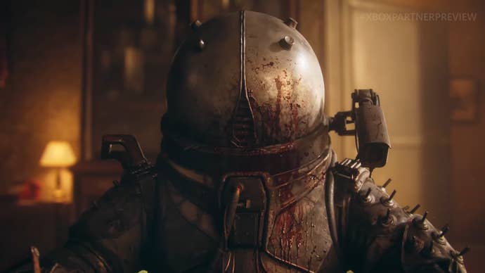 Cronos: The New Dawn trailer screenshot showing close up of space suit splattered in blood