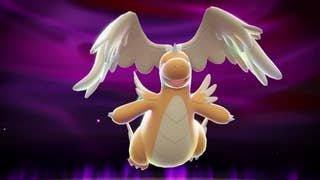 Pokémon Legends: Z-A screenshot showing mega evolution of Dragonite, an orange dragon with wings on its head