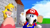 Elephant Mario modded into Super Mario 64 on PC makes a peace sign towards the camera as Princess Peach stands nearby