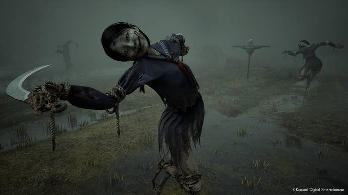 A scarecrow-like force successful Silent Hill f, poised and acceptable to ambush.