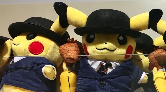 The London-exclusive Pikachu in a bowler hat plushie from several years ago.