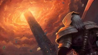 Slay the Spire artwork showing an armoured figure looking up at a tall tower wreathed in clouds and flame.