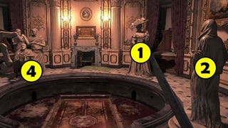 Resident Evil Village - zagadka: cztery posągi, zamek (poziom 2F), Hall of Ablution