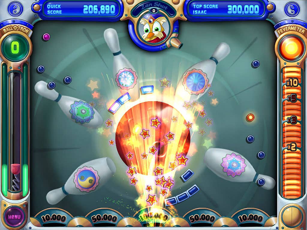 A Peggle screen filled with bowling pins.