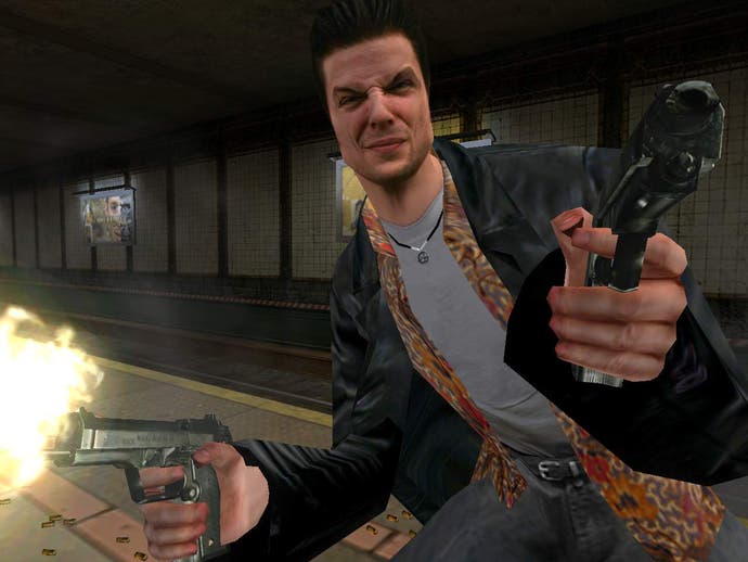 Protagonist Max Payne wields two guns as he fires one in the first Max Payne game