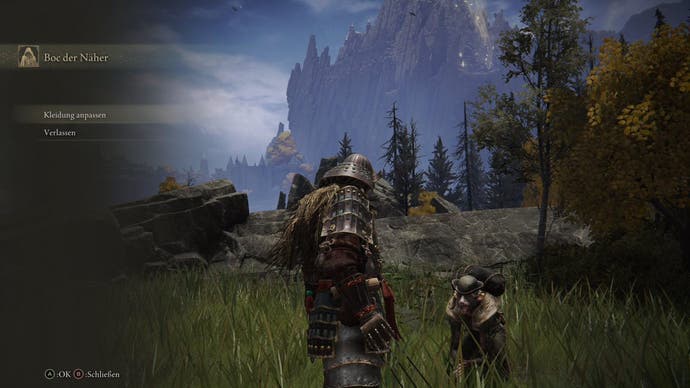 A warrior approaches Boc the Seamster in a grassy forest area in Elden Ring