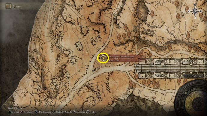 An overhead map showing the location of Boc the Seamster on the Atlus Highway in Elden Ring