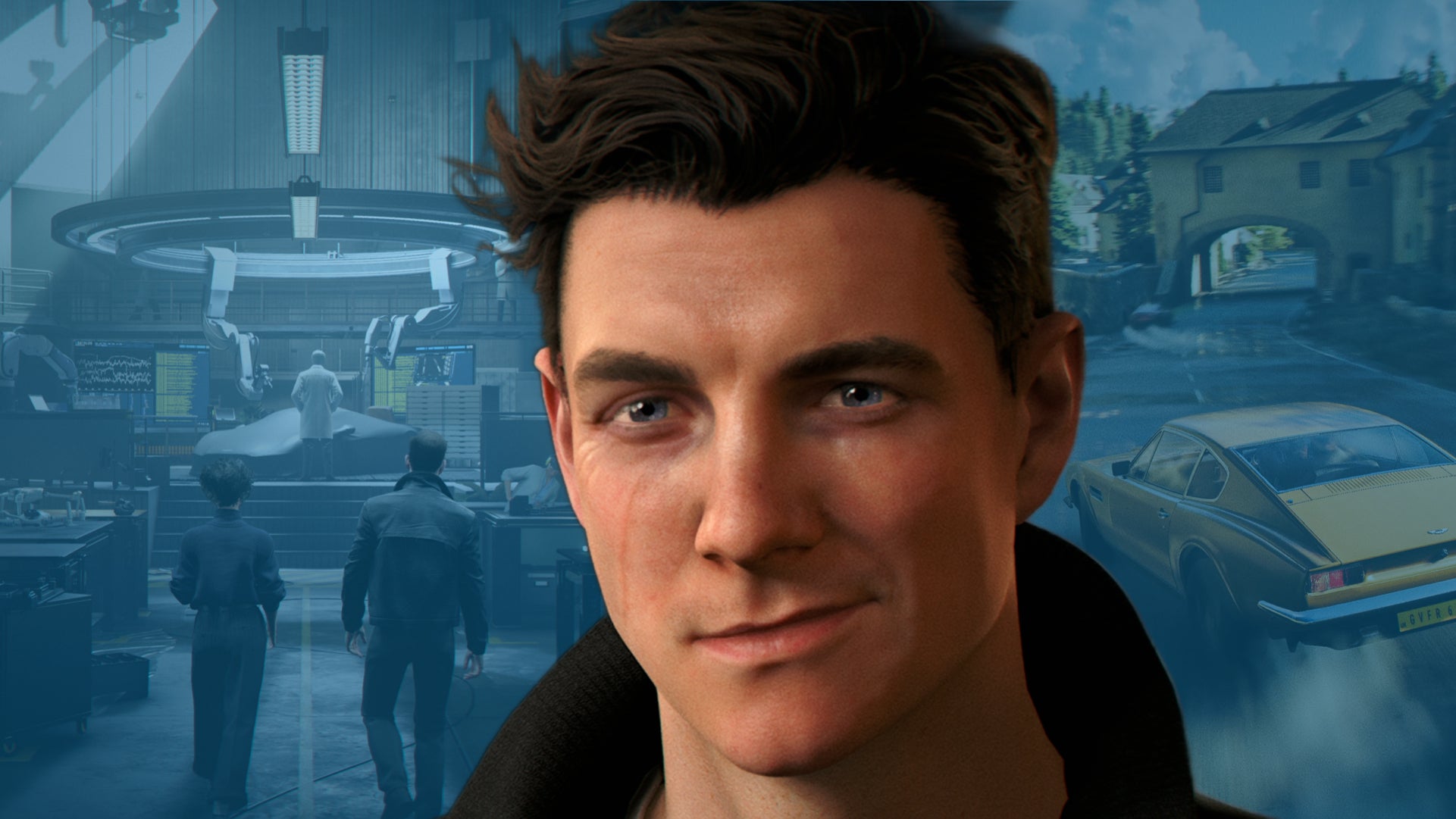 Close up of James Bond looking smug from 007: First Light, over a montage of official gameplay imagery behind a blue hue