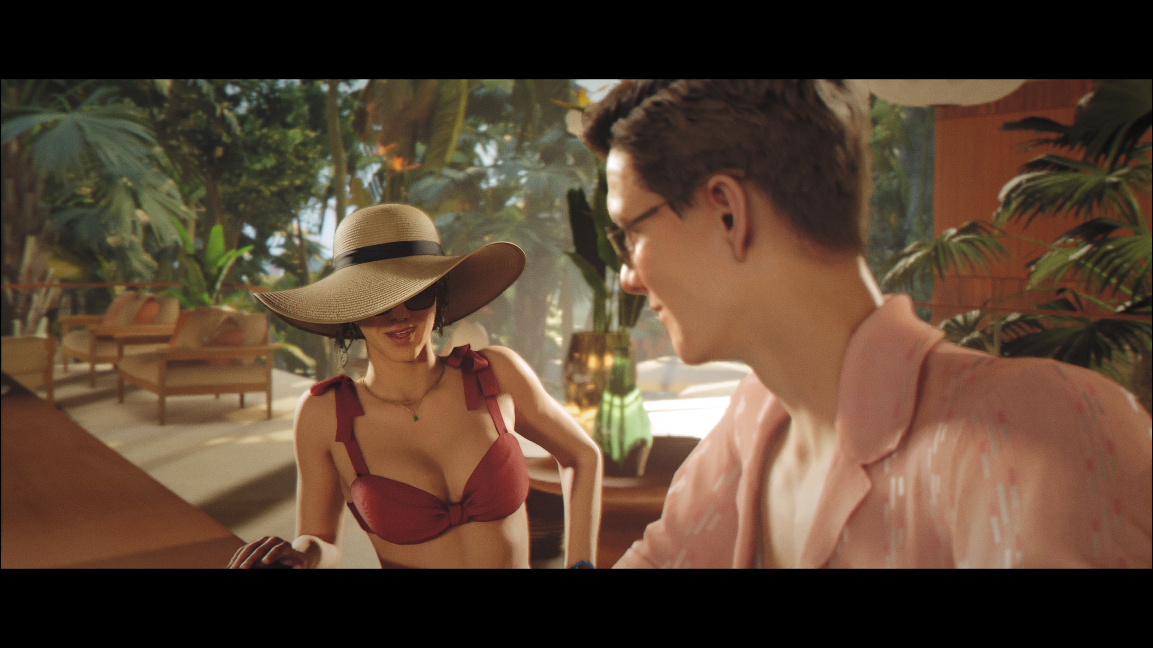 A screenshot of 007 First Light, showing Bond chatting to a woman in a two-piece swimsuit at a bar in a Vietnam resort spa.