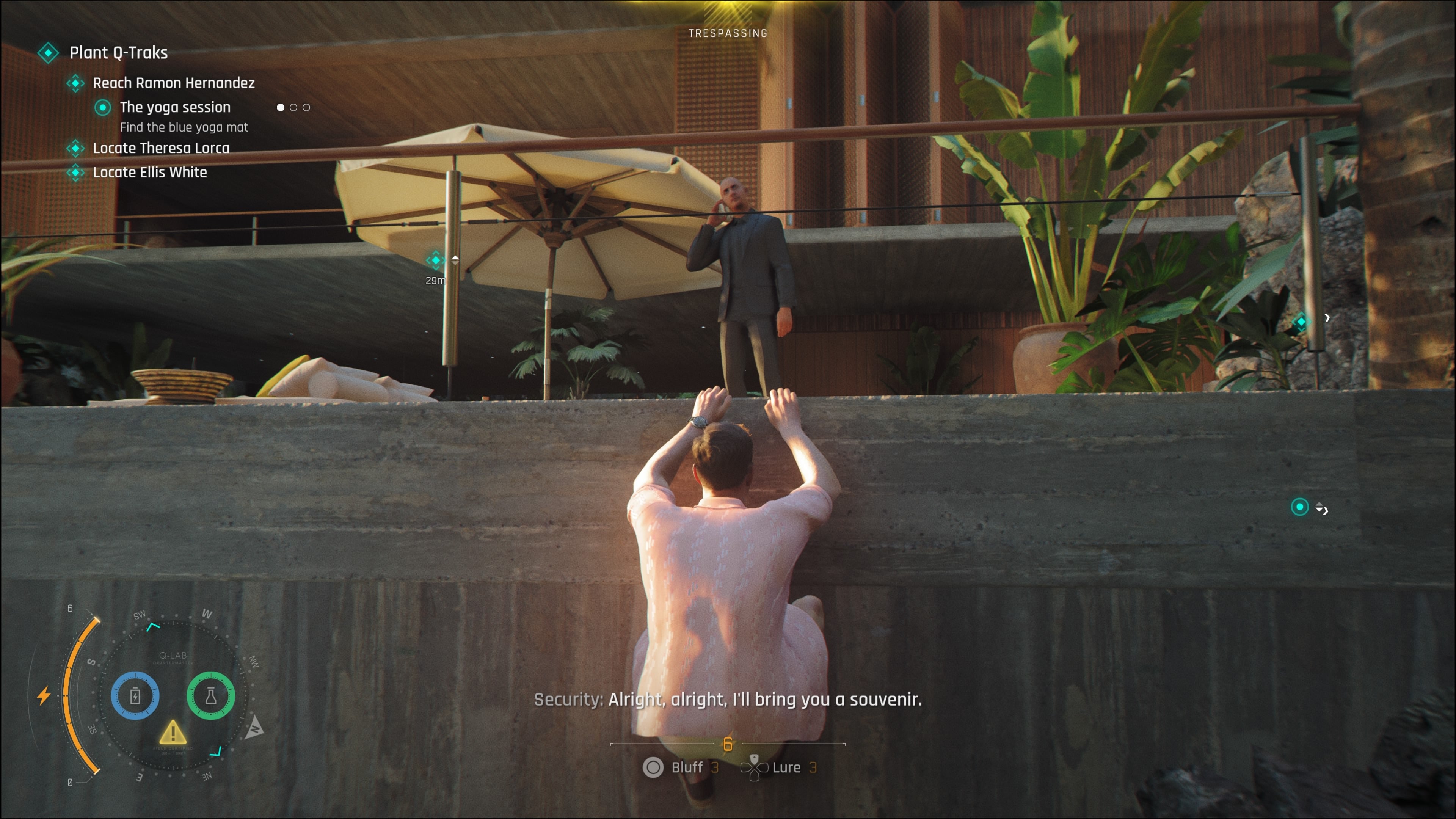 A screenshot of 007 First Light, showing Bond hanging onto a wall as a guard stands oblivious above him.