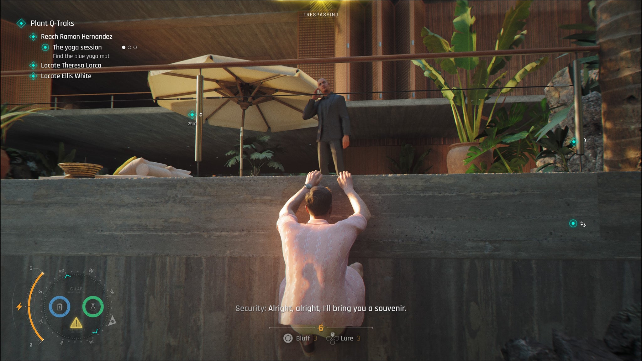 A screenshot of 007 First Light, showing Bond hanging onto a wall as a guard stands oblivious above him.