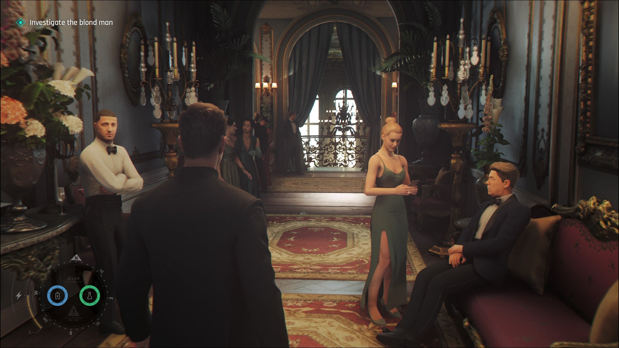 A screenshot of 007 First Light, showing Bond walking through an opulent corridor of the Carpathian Hotel, flanked by guests.