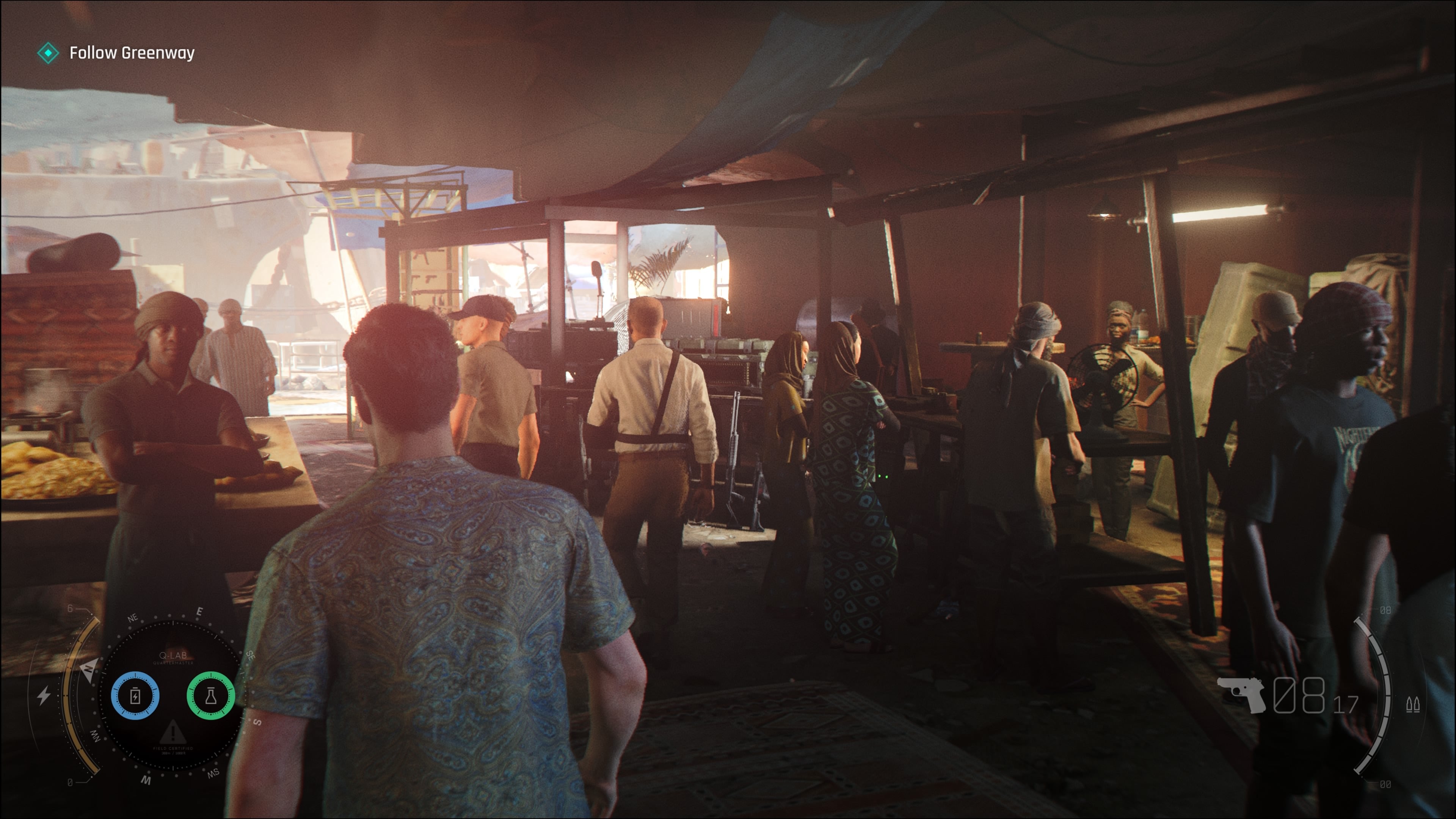 A screenshot of 007 First Light, showing Bond walking through the bustling Aleph black market.