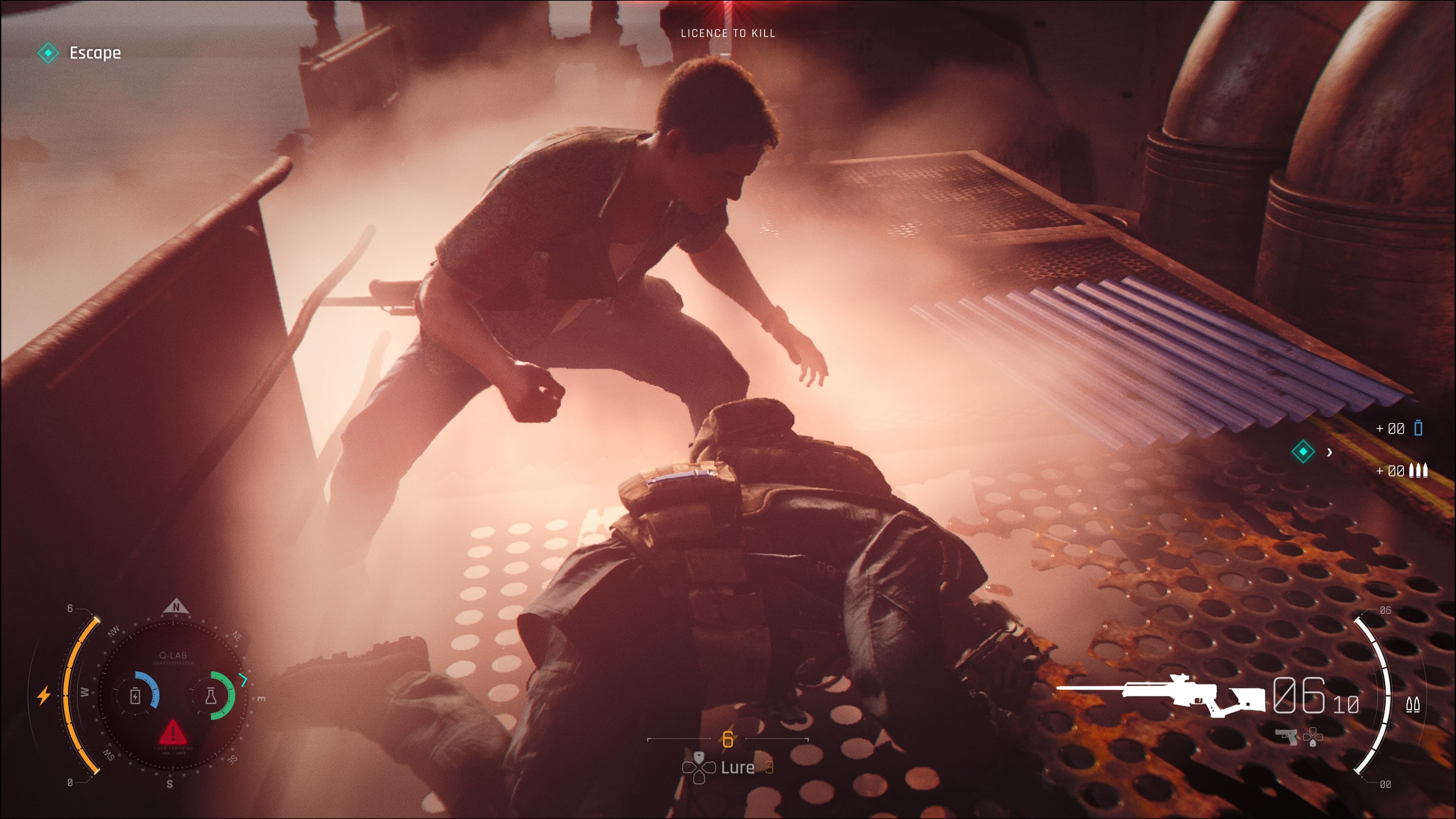 A screenshot of 007 First Light, showing Bond hunched over an unconscious guard. Smoke billows around them.