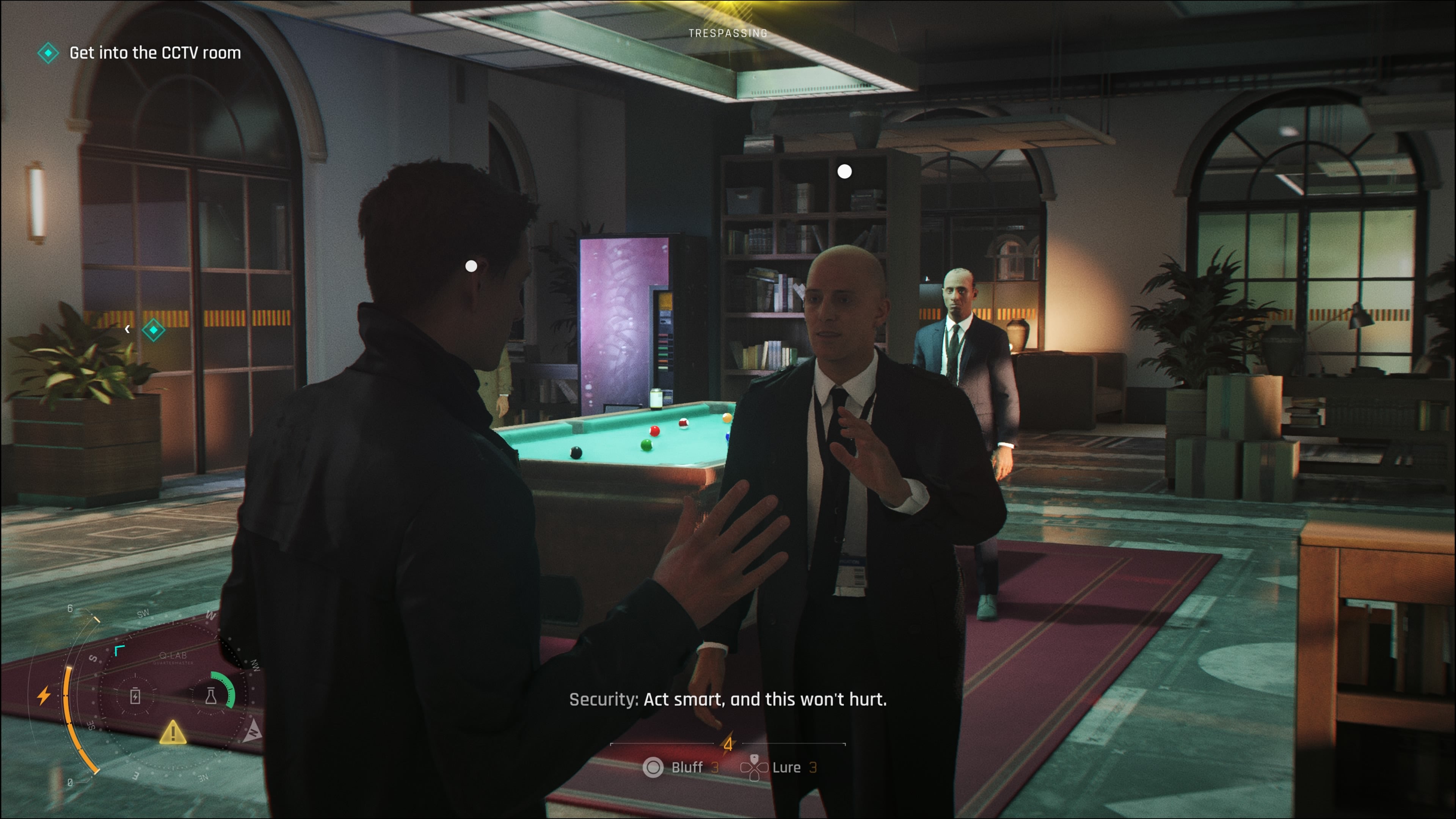 A screenshot of 007 First Light, showing Bond faking surrender to a security guard.