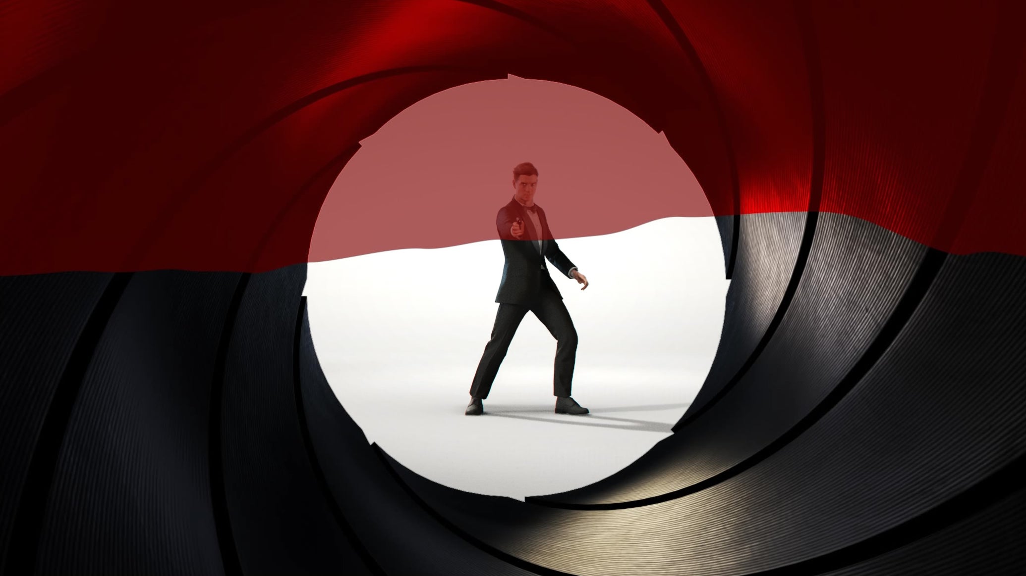 A screenshot of 007 First Light, showing the iconic title sequence with Bond down the end of a gun barrel, pointing a gun towards the camera, with a layer of blood dripping down from the top of the screen. Cropped without letterboxing.