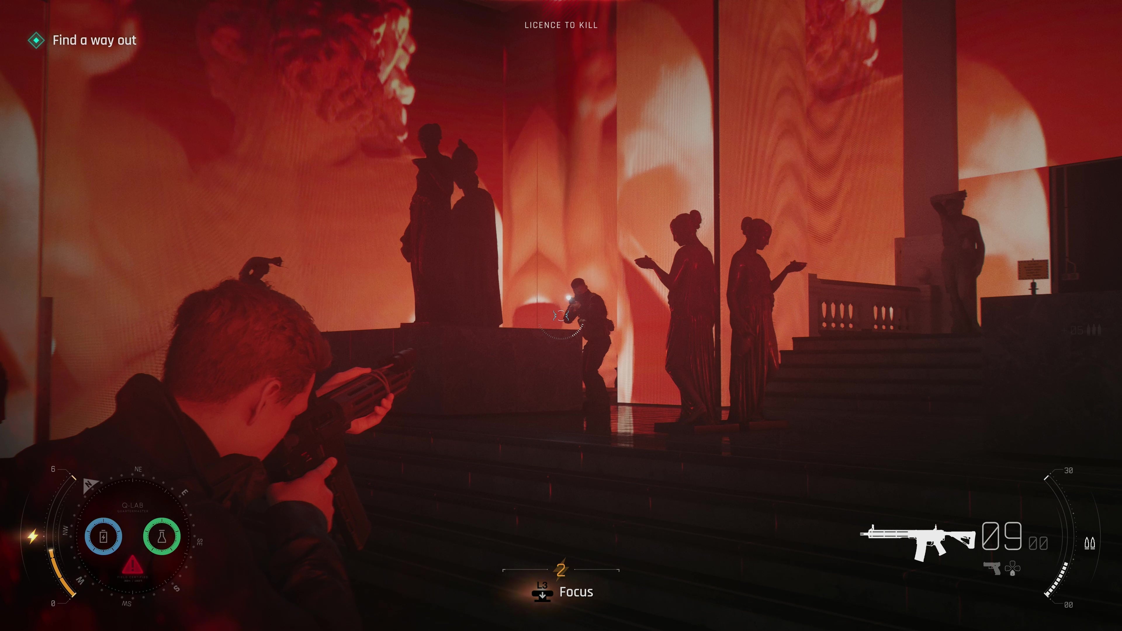 007: First Light screenshot from gameplay showing gun combat in the 'red room' of a museum, where statues are silhoetted against red LED patterns on every surface. Here Bond shoots a baddy.