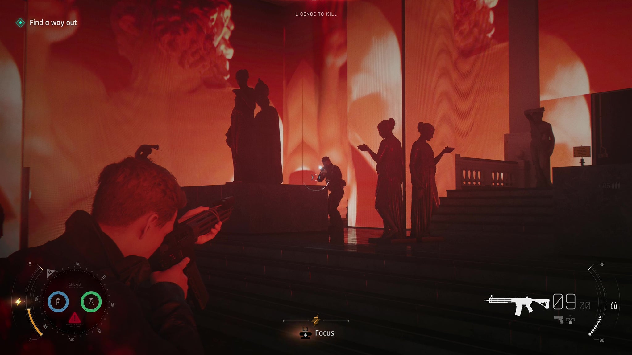 007: First Light screenshot from gameplay showing gun combat in the 'red room' of a museum, where statues are silhoetted against red LED patterns on every surface. Here Bond shoots a baddy.
