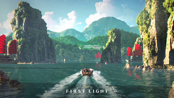 A boat travels through a beautiful environment, natural rock formations flanking it. A screenshot from 007: First Light.