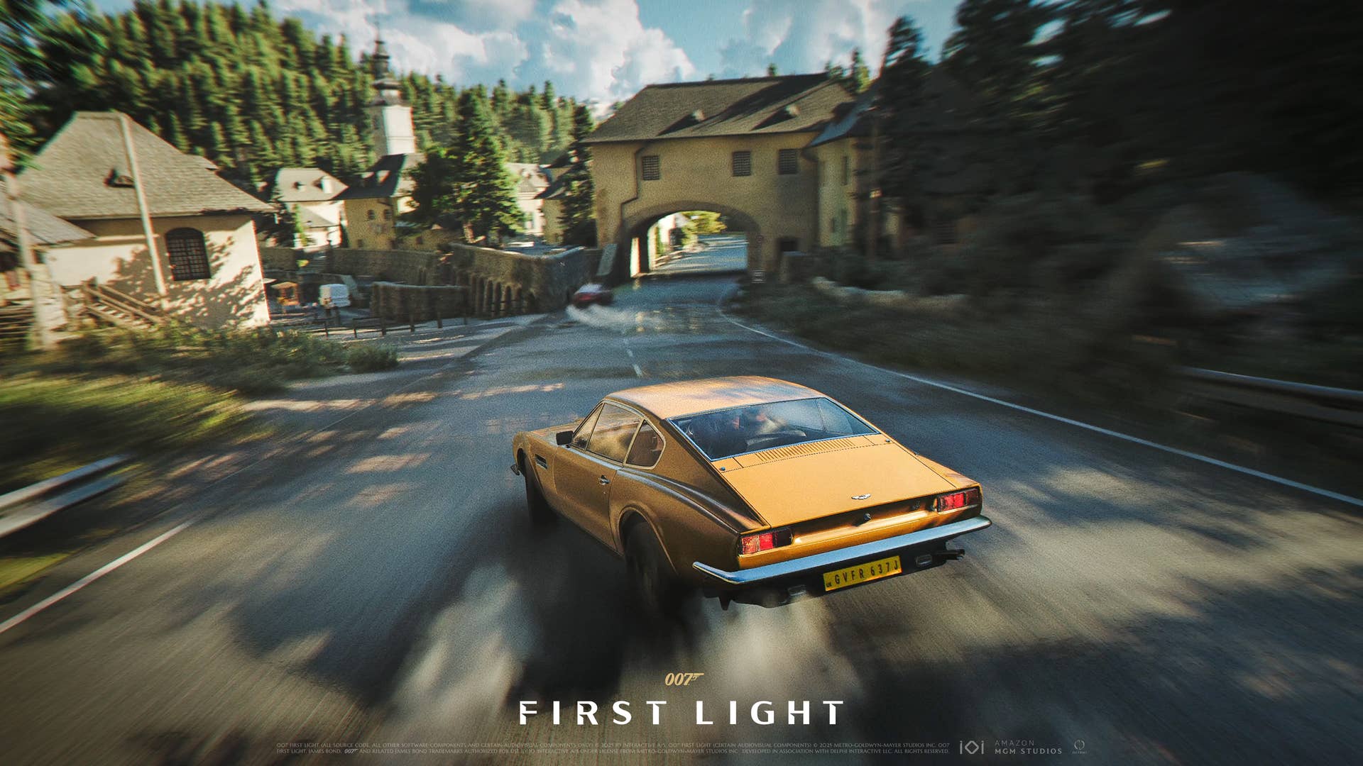An Aston Martin speeds through a remote village in a car chase as part of 007: First Light.