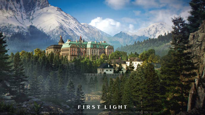 A beautiful hotel surrounded by woods and mountains, a location in 007: First Light.