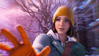 Life is Strange protagonist Max Caulfield uses her powers, holding out her hand to the camera in a wintry scene.