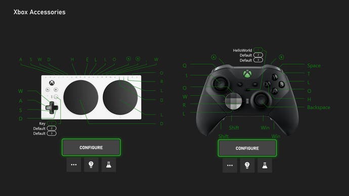 A diagram illustrating how Xbox's new keyboard mapping feature can be applied to the Xbox Adaptive Controller and Elite Series 2 controller.