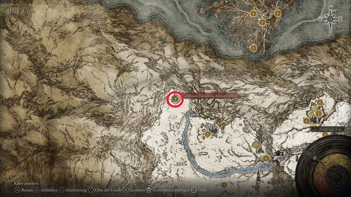 An overhead map screenshot showing the location of a Somber Ancient Dragon Smithing Stone in the Consecrated Snowfield in Elden Ring