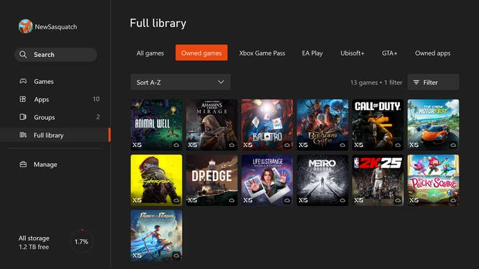 Screenshot showing games available to play via cloud streaming as displayed through the Xbox console interface.