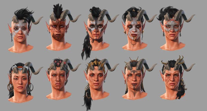 Concept art for companion character of Karlach showing many different redesigns