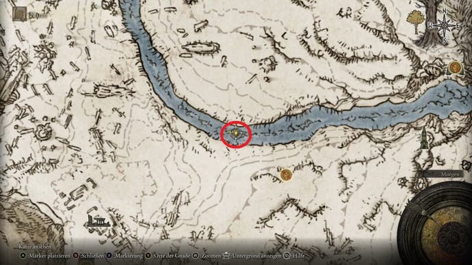 An overhead map showing a location on a frozen river marked with a red circle in Elden Ring