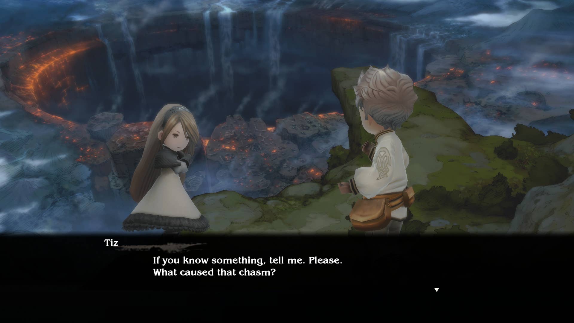 A screenshot of two characters talking in a fantasy setting