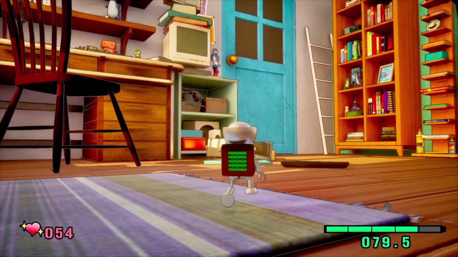 Screenshot of koROBO showing tiny cute robot walking across child&rsquo;s bedroom