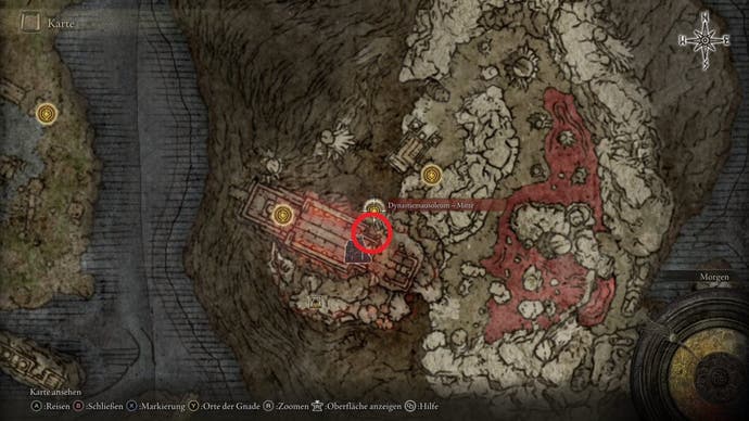 A location is marked with a red circle on an overhead map screenshot in Elden Ring