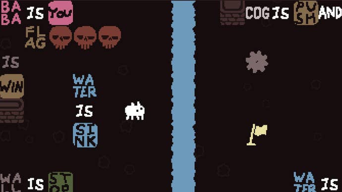 A disarmingly difficult puzzle in Baba Is You, where the sheep-like doodle creature Baba must find a way to get across a river