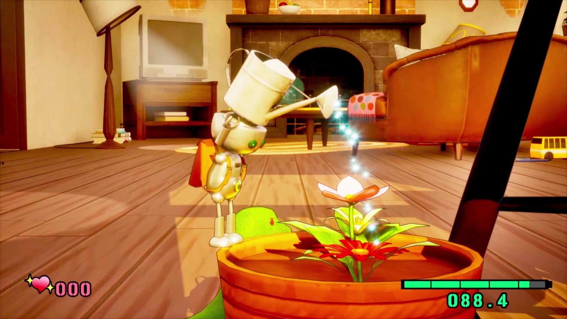 Screenshot of koROBO showing tiny cute robot watering a house plant