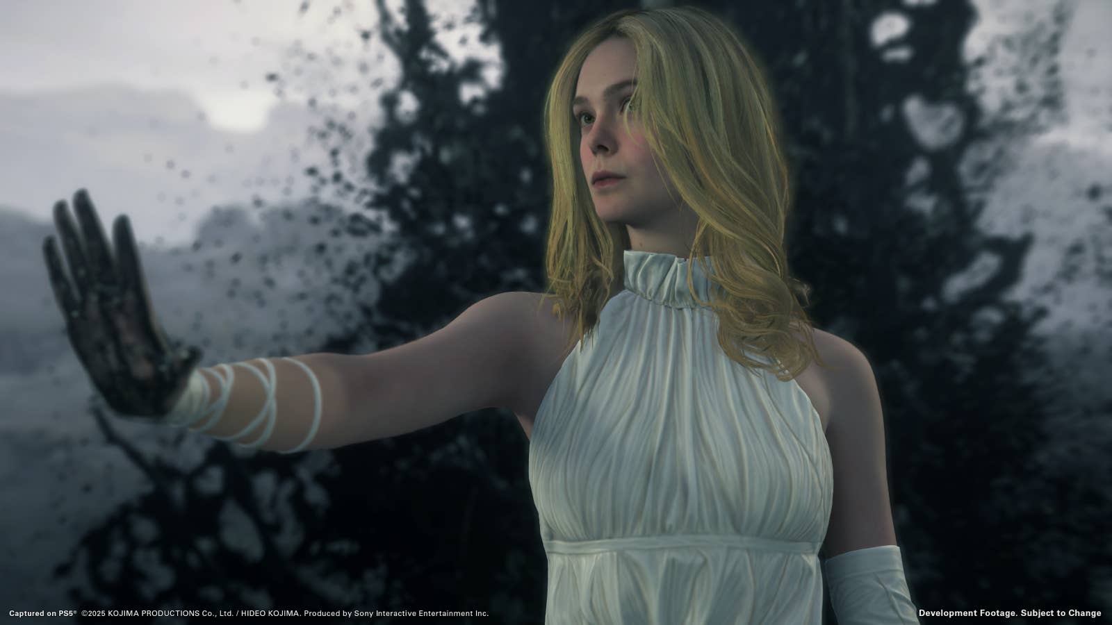 Elle Fanning's character Tomorrow in Death Stranding 2, with blonde hair, white dress and ink on her hands
