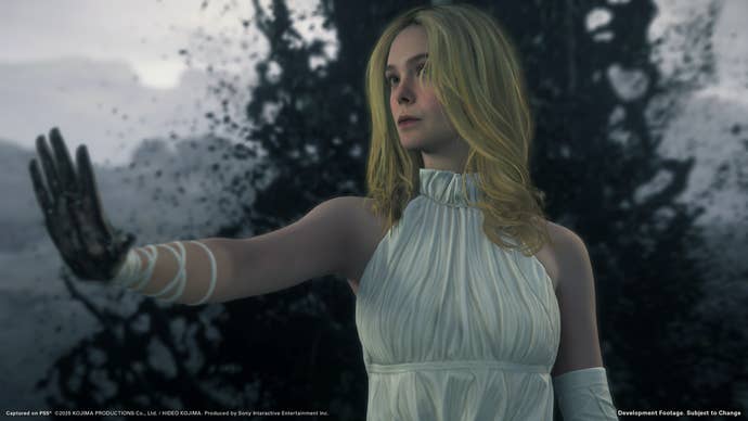 Elle Fanning's character Tomorrow in Death Stranding 2, with blonde hair, white dress and ink on her hands