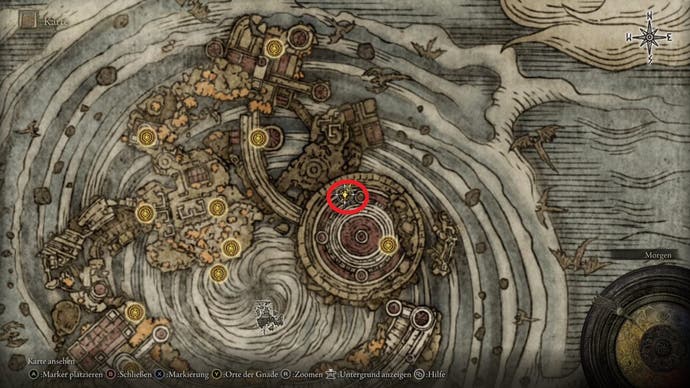 An overhead map of a city inside a cyclone, showing a location marked in a red circle in Elden Ring