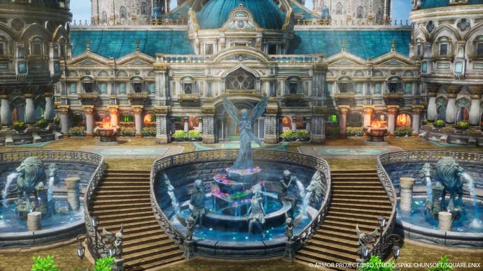 Dragon Quest 3 HD-2D Remake screenshot showing beautiful town with fountain