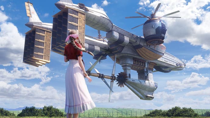 Artwork of Aerith stood in front of the Highwind in Final Fantasy 7 Rebirth