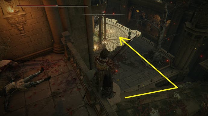 A path is marked with a yellow arrow in Elden Ring