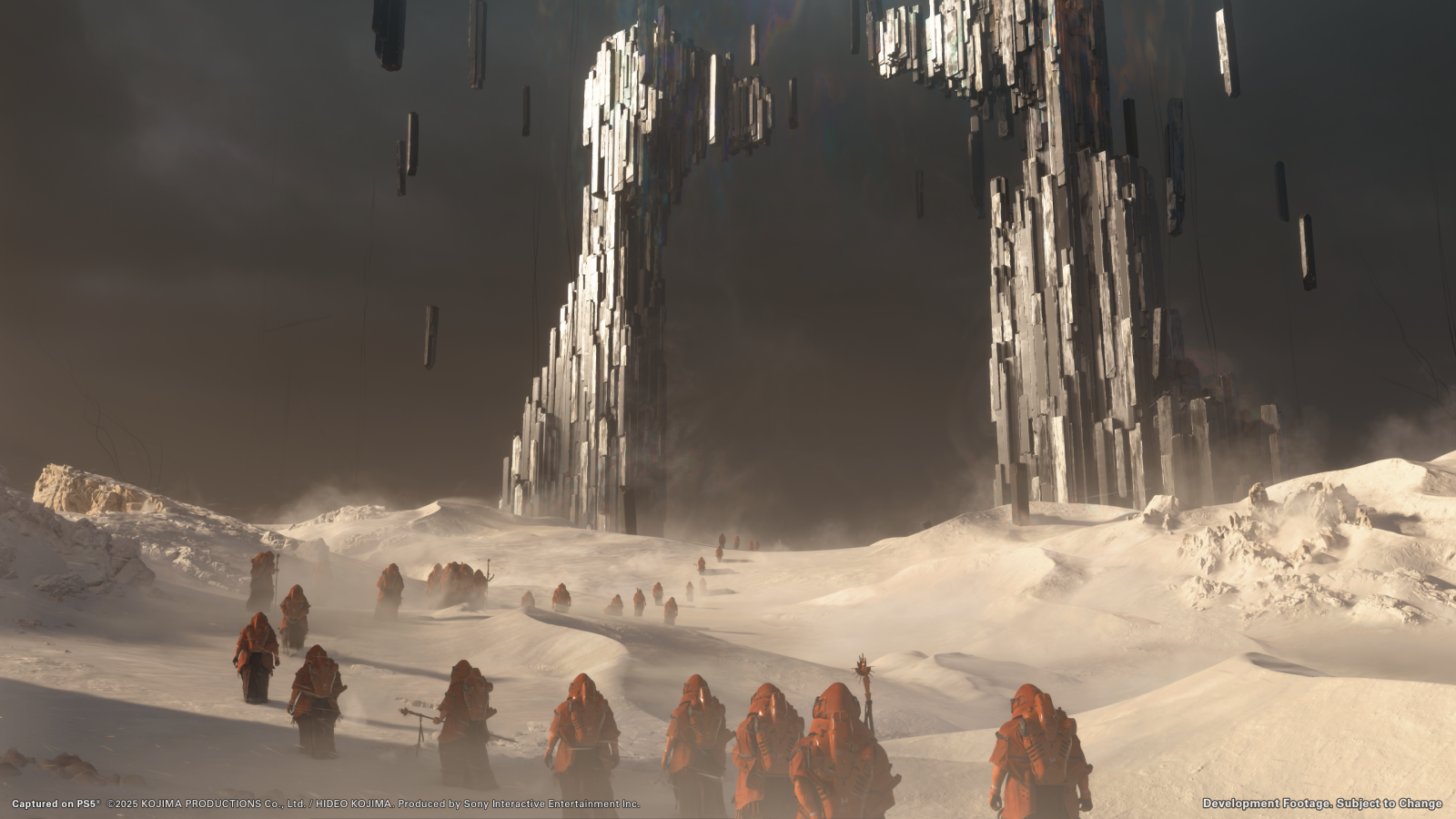 Death Stranding 2 screenshot showing line of red religious cult-like figures walking towards a strange gate-like monument