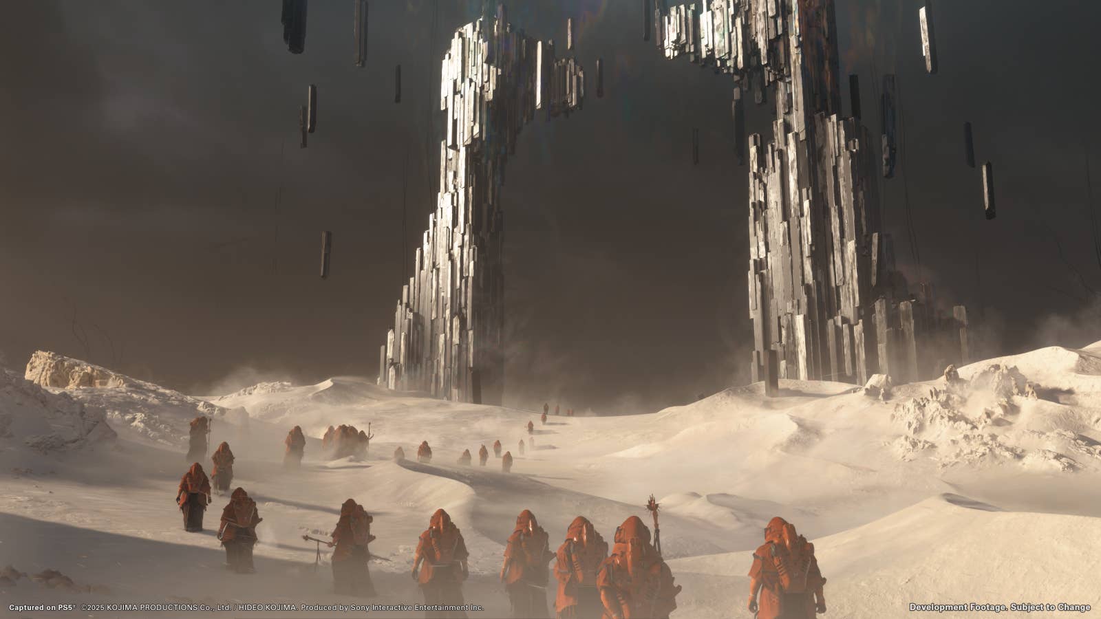 Death Stranding 2 screenshot showing line of red religious cult-like figures walking towards a strange gate-like monument